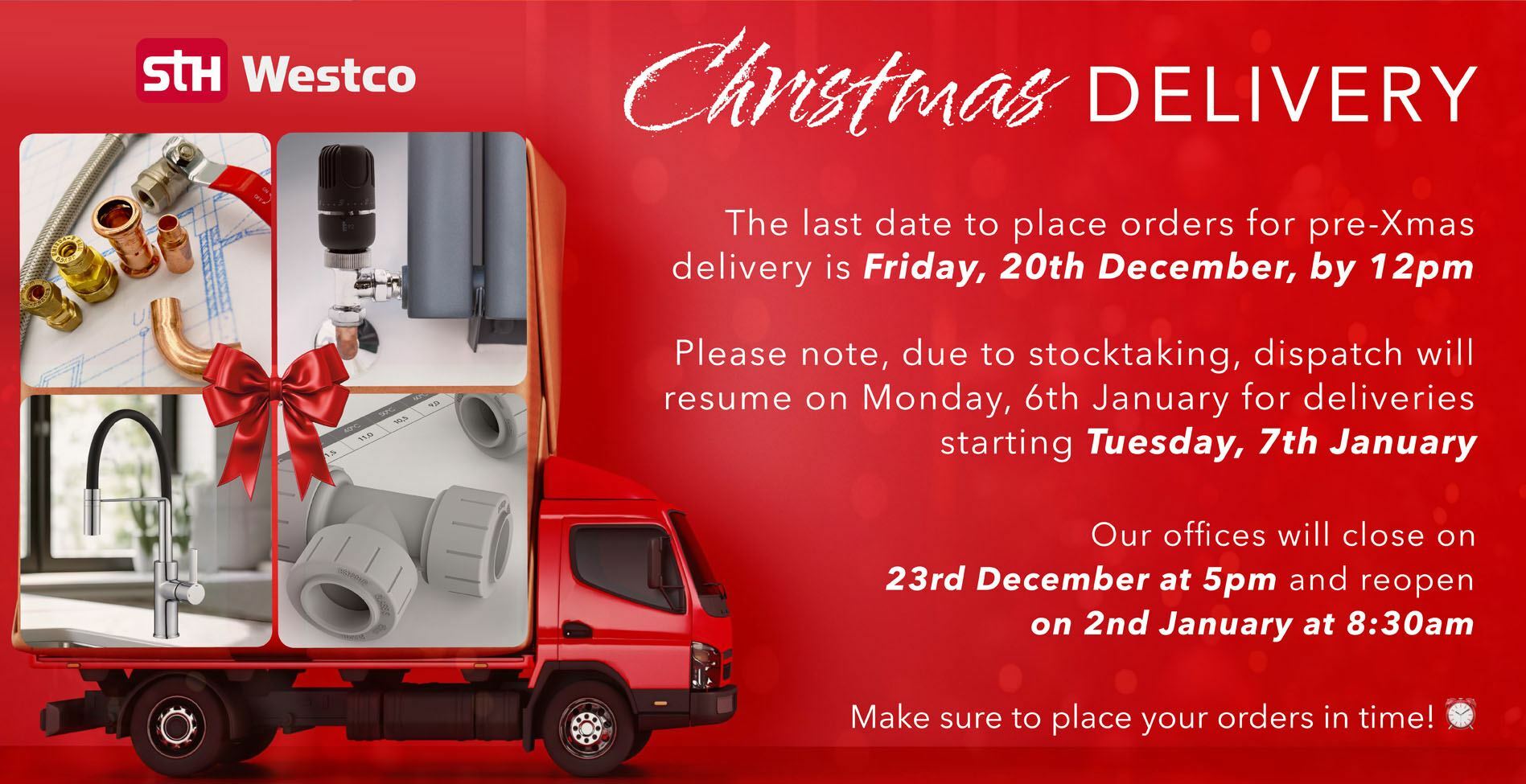 Christmas deliveries, last orders 20th December, by 12pm. Resumes 7th January